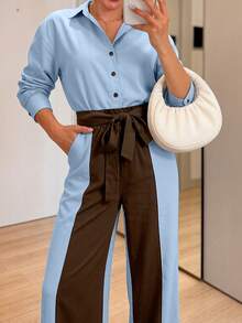 Women's Spring/Autumn Lapel Long Sleeve Solid Color Blouse + High Waist Colorblock Patchwork Wide Leg Pants 2 Pieces Set - Baby Blue - View 3