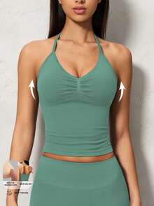 Yefecy Tank Top Yoga Impact Sports Terbaru, Kemeja Yoga Kebugaran Wanita, Pakaian Olahraga, Crop Top Tanpa Punggung dengan Detail Kerut dan Bra Terintegrasi untuk Musim Semi - Hijau - View 2