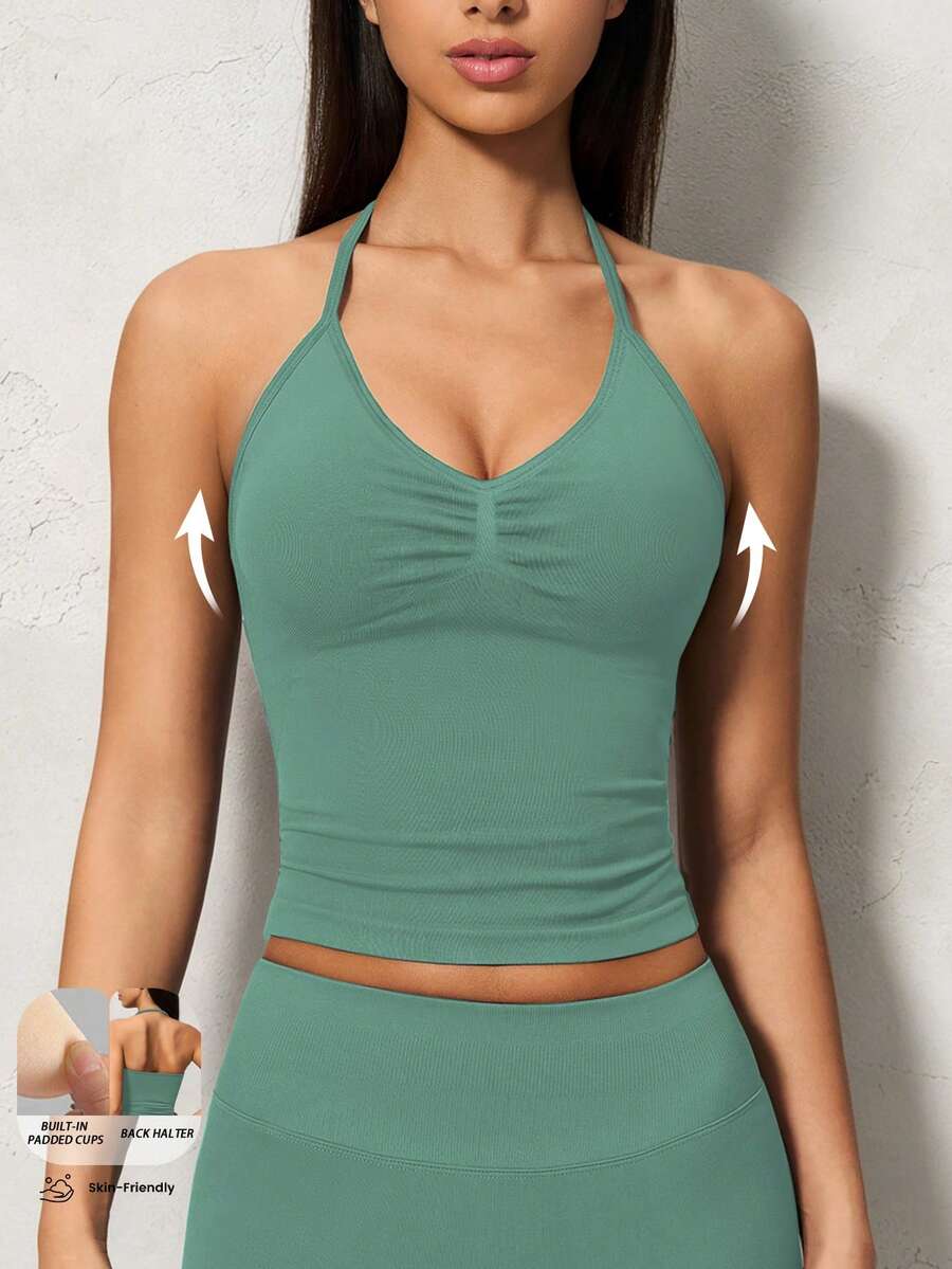 Yefecy Tank Top Yoga Impact Sports Terbaru, Kemeja Yoga Kebugaran Wanita, Pakaian Olahraga, Crop Top Tanpa Punggung dengan Detail Kerut dan Bra Terintegrasi untuk Musim Semi