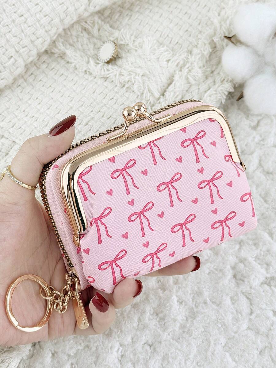 With A Chain Keychain, Fashionable Bow Print Zipper Credit Card Storage Bag With Multiple Compartments, Suitable For Travel