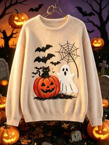 Fall Halloween Pumpkin Ghost Black Cat Graphic Sweatshirt, Crew Neck Loose Long Sleeve Casual Spider Web Bat Pattern Pullover Top - Multicolor - View 3
