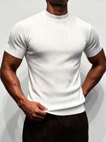 ZYNTH BALENO Men's Summer Fashion Mock Neck Vertical Striped Short Sleeve Sweater, Suitable For Gym And Outdoor Sports - White - View 1