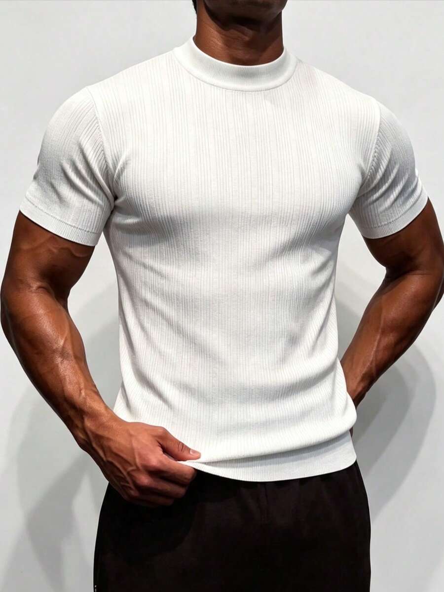 ZYNTH BALENO Men's Summer Fashion Mock Neck Vertical Striped Short Sleeve Sweater, Suitable For Gym And Outdoor Sports - White - View 1