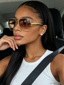 1 Pair Luxury Gold Frame Women's Fashion Glasses With Gradient Tea Tint Lenses And Curved Temples, Gentle Atmosphere Accessory For Daily Wear, Street Photography, Vacation Travel, Summer Beach And Other Occasions, Full Of Academic Style, Showcasing Fashion Taste - Gradient Tea - View 2