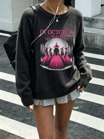 Plus Size Women's Autumn Vacation Lady Gothic Witch Graphic Crew Neck Long Sleeves Casual Women's Black Knitted Sweater/Halloween Costume Women