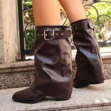Pointed Toe Loose Pleated Mid-Calf Boots, Fashionable Versatile Metal Buckle Design, Flattering Leg Lines, Shiny Soft Faux Leather, Low Square Heel, Stable Rubber Sole, Vintage Street Casual Style, Suitable For Daily Wear And Holiday Parties - Brown - View 3