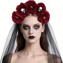 Dies' Gothic Floral Skull Hair Accessory With Veil, Day Of The Dead Floral Skull Hair Accessory, Suitable For Halloween Costume, Wedding - Multicolor - View 2