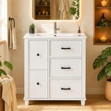 76.5 X 47 X 83.5 Cm, Freestanding Washbasin, Fully Lacquered, Side Drawer, Integrated Ceramic Basin, Quiet-Running Slides, White. - White - View 4