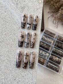 Autumn/Winter Leopard Print Fur Nail Transfer Paper, Multiple Boxed Cross & Star Stickers, Nail Art Decoration - Multicolor - View 5