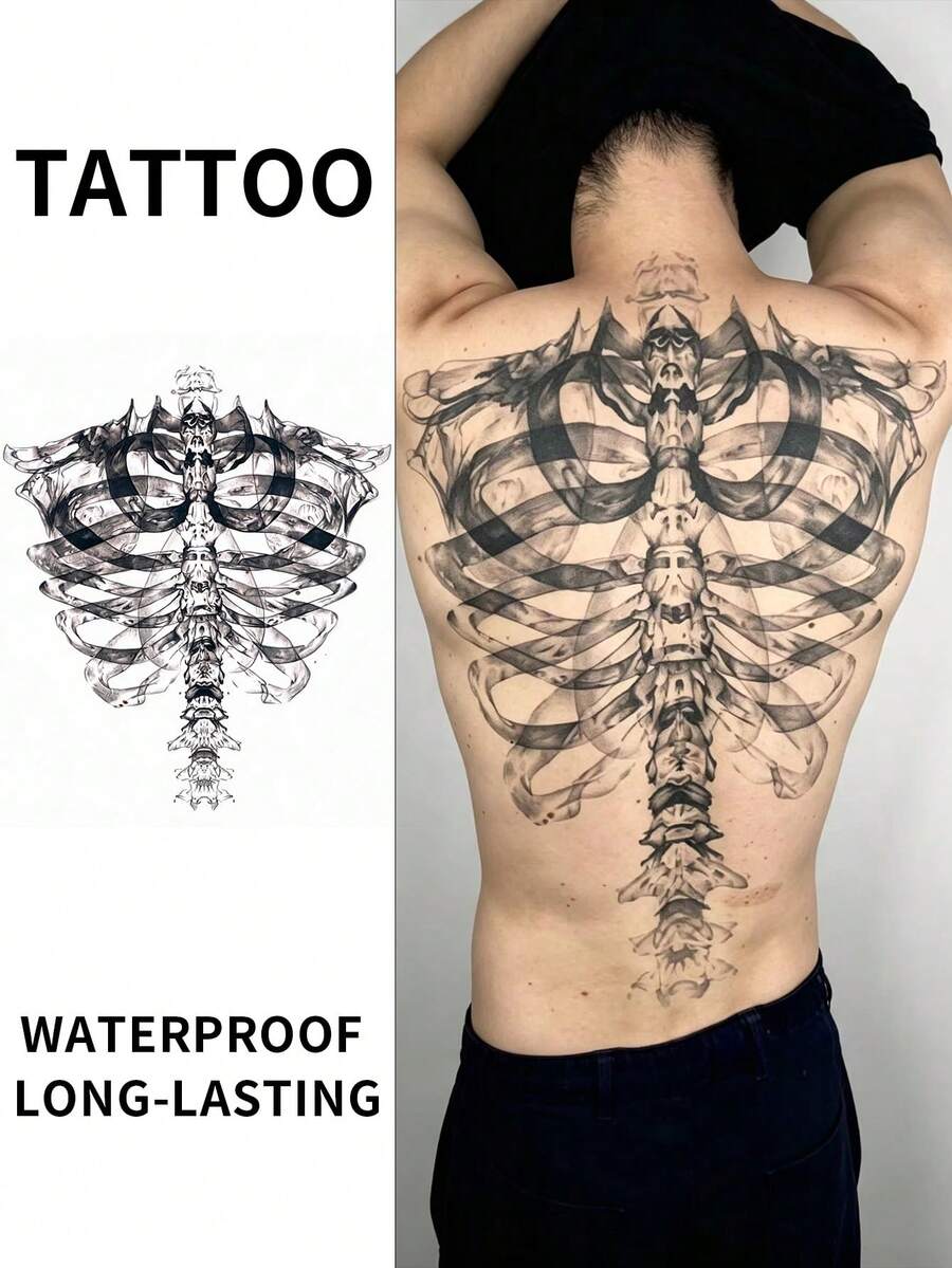 Realistic Skeleton Ribs Temporary Tattoo Sticker - Unisex Large Size Full Back Waterproof Realistic Tattoo Sticker, Long-Lasting Black & Gray Spine Body Art Sticker, Suitable For Gothic Style, Halloween, Cosplay And Fashion Looks