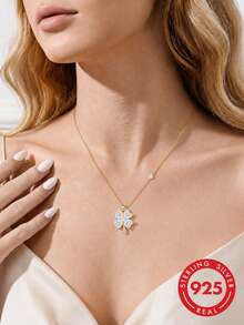 Collana in argento sterling S925 con moissanite a forma di trifoglio e catena laterale, singolo accento di diamante, catena clavicolare patchwork a forma di cuore portafortuna, regalo raffinato - Multicolore - Visualizzare 2