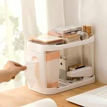 1pc New Desktop Double-Layer Storage Rack, Plastic Miscellaneous Items Organizer, Large Capacity Multi-Function Storage Rack, Practical Shelf - White - View 1