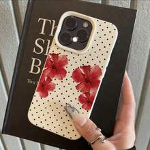 1 buah Casing Ponsel TPU Bahan Motif Bunga Hibiscus Merah Polkadot Cerah Kompatibel Dengan iPhone 17 Pro Max/17/16 Pro Max/15/13/12/11/ S20 FE/A15/S24/A55/ Note 11/Note 12/Note 13 Pro Pelindung Ponsel Soft Shell Anti-Jatuh Cakupan Penuh - Putih - View 1