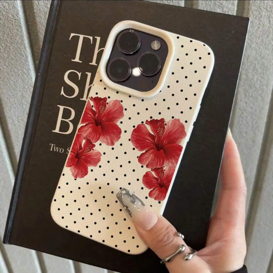 1 buah Casing Ponsel TPU Bahan Motif Bunga Hibiscus Merah Polkadot Cerah Kompatibel Dengan iPhone 17 Pro Max/17/16 Pro Max/15/13/12/11/ S20 FE/A15/S24/A55/ Note 11/Note 12/Note 13 Pro Pelindung Ponsel Soft Shell Anti-Jatuh Cakupan Penuh - Putih - View 1