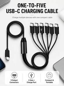 1-To-6 USB-C Multi-Device Charging Cable, 6-Head Splitter Cord With 1 Data Sync Connector And 5 Charging Connectors, Black - Black - View 1