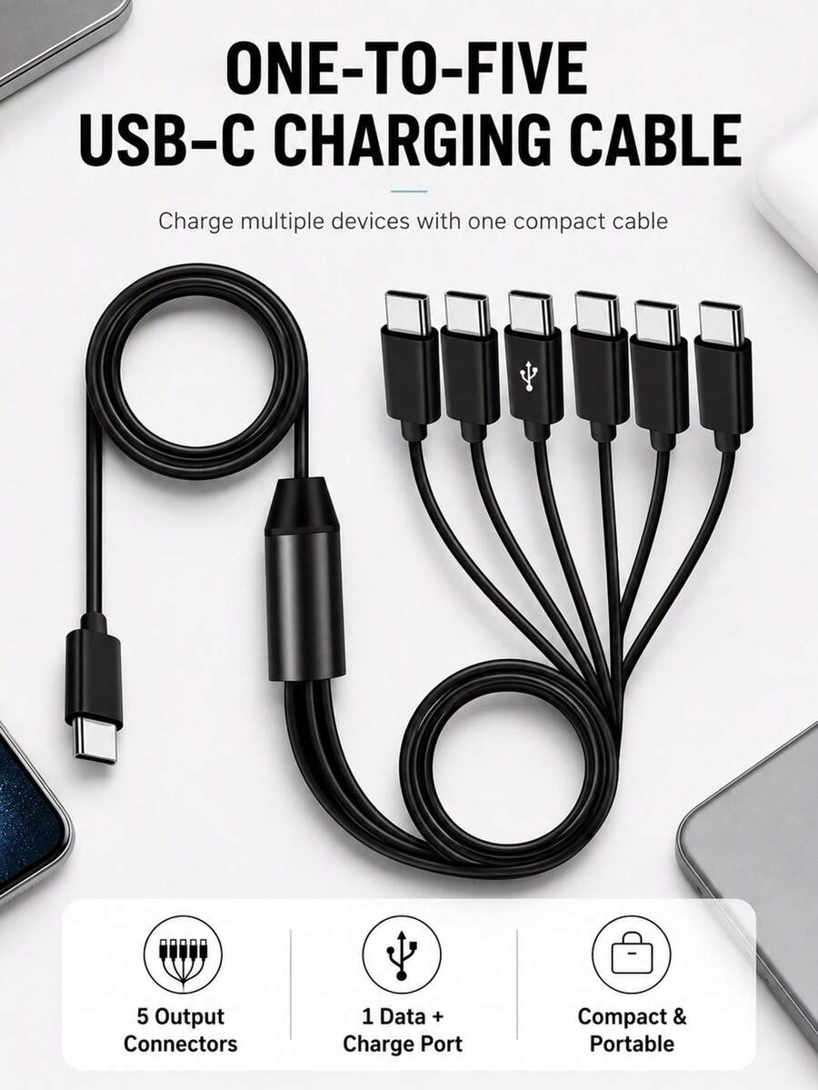 1-To-6 USB-C Multi-Device Charging Cable, 6-Head Splitter Cord With 1 Data Sync Connector And 5 Charging Connectors, Black - Black - View 1