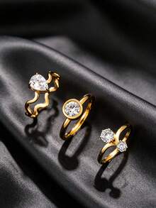 3pcs Fashion Stainless Steel Gold Zirconia Thin Rings, Luxury Non-Fading Stackable Finger Rings, Daily Commute Date Atmosphere Jewelry Gift, Unisex - Gold - View 7