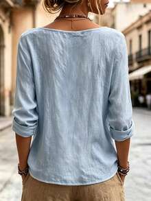 Women's Long Sleeve Round Neck Shirt, Side Button Design, Casual Woven Fabric Top, Suitable For Autumn Wear - Sky Blue - View 2
