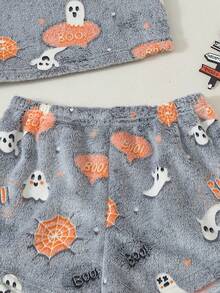 Women's Cute Halloween Ghost Glow-In-The-Dark Flannel Pajama Set, Fuzzy Vest + Shorts, UV Sensitive - Grey - View 5