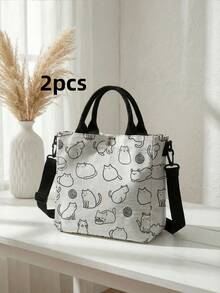 2pcs Cat Print Canvas Tote Bag, Snap Closure, Detachable Crossbody Shoulder Strap, Large Capacity Multi-Purpose Shoulder Bag, Suitable For Daily, Travel And School Use - Multicolor - View 16