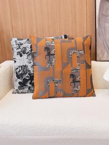 1pc Double-Sided Jacquard Horse & Floral Pattern Cushion Cover, Home Sofa Throw Pillow Case, Without Pillow Insert - Black and White - View 4