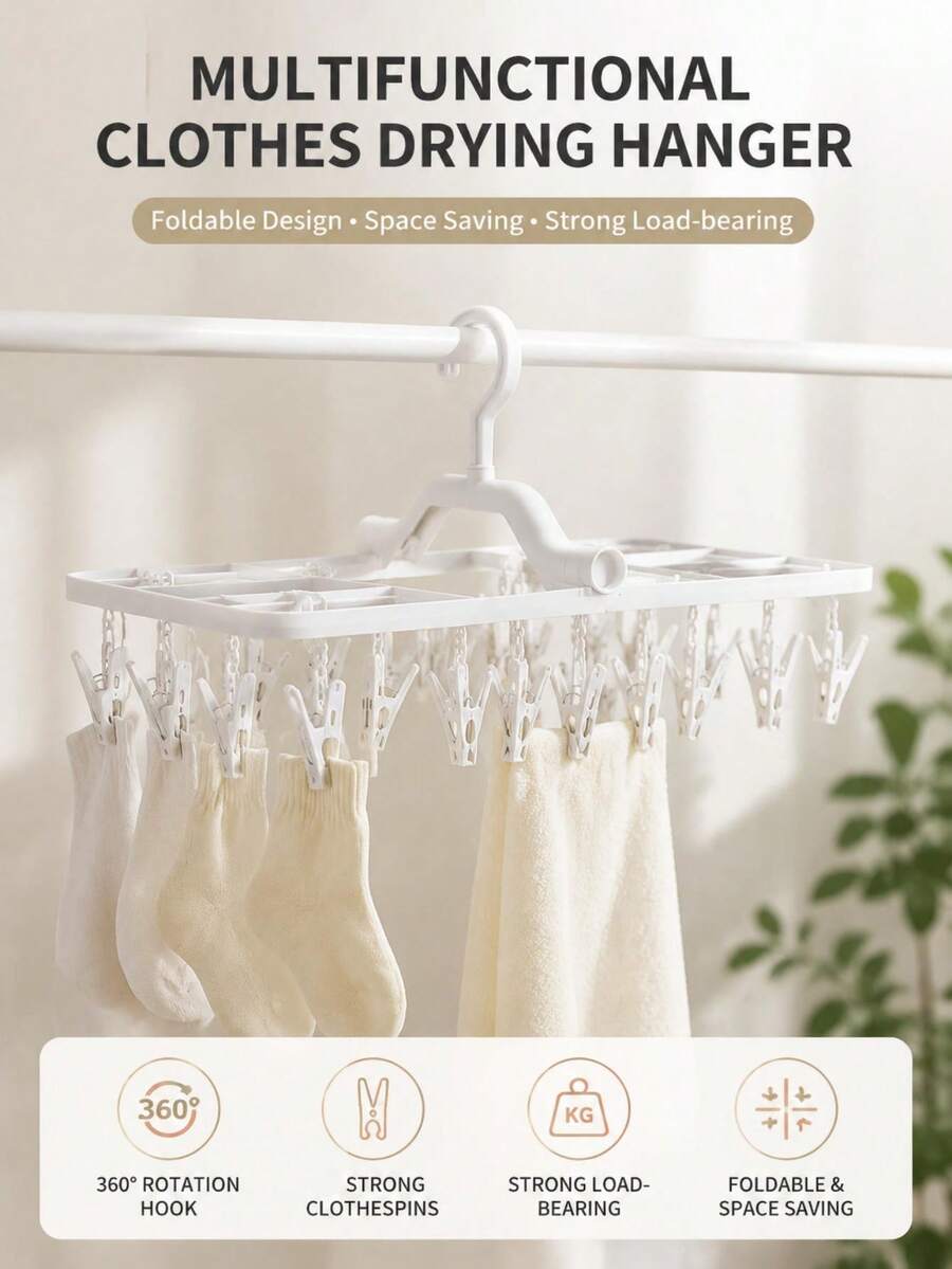 1pc Foldable Drying Rack With 32 Clips, Windproof Clothes Hanging Rack For Socks, Underwear, Bras, Baby Clothes, Towels, Hats And Scarves, Space-Saving Hanging Drying Rack For Balcony, Bathroom, Laundry Room, Travel And Home Storage - Multicolor - View 1