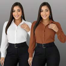 2-Piece Set Of Women's Fashion  Formal Shirts, One In Each Color - KIT 2 SHIRT ONE COLOR CARAMEL aND WHITE - View 2