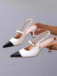 Women's Black And White Colorblock Pointed Toe Slingback Sandals, Thin Heel, Buckle, Elegant Commute Closed-Toe High Heels - Black and White - View 8
