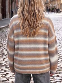 Plus Size Fashion Versatile Striped Color Block Long Sleeve Sweater Streetwear Preppy Style - Multicolor - View 8