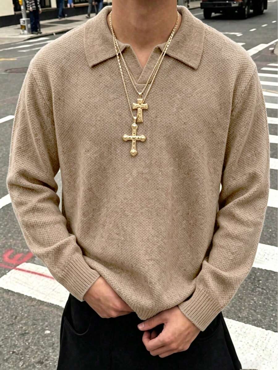 ANDREILEE 男士休闲宽松通勤简约纯色百搭 Polo 领 V 领轻薄长袖针织衫,适合秋冬季穿着 - 卡其色 - 查看 1