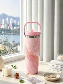 1pc 30oz/900ML Ins Style Sweet Bow Pattern Ice Tumbler With Handle, Portable Stainless Steel Insulated Cup, Large Capacity Car Water Cup, Student Office Worker Commute Sports Outdoor Universal Cold And Hot Insulated Cup, Vacuum Flask And , Back To School, Halloween, Christmas, Party Cup, Drinkware Set, Flat Bottom Cup, Water Bottle, Cold And Hot Insulated Bottle With Lid And Straw - Multicolor - View 2