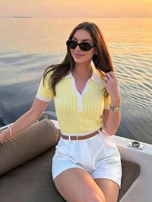Women's Polo Collar Front Button Colorblock Hollow Out Slim Fit Short Sleeve Knit Pullover, French Elegant Lightweight Cute Summer Top - Yellow - View 1