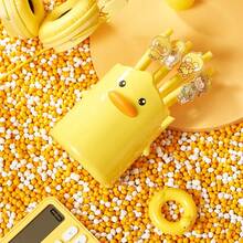 1pc Yellow Duck Pen Holder, Cute Creative Cartoon Desktop Plastic Pen Rack, Multi-Functional Stationery Storage Box For Office And Study Room - A - View 4