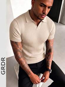 GRDR Suéter de punto de manga corta de unicolor para hombres, de moda para el verano - Albaricoque - Ver 2