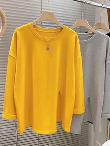 Kaos Lengan Panjang Minimalis Warna Polos untuk Wanita, Belahan Samping, Atasan Longgar yang Melangsingkan, Cocok untuk Awal Musim Gugur, Lapisan Dasar Kasual. - Kuning - View 3