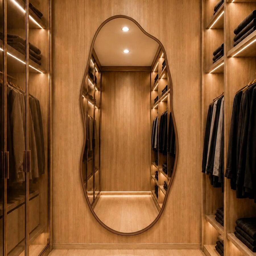 Espelho em couro modelo Sinuoso de Parede Design Orgânico - Estilo moderno - MARROM - Visão 1