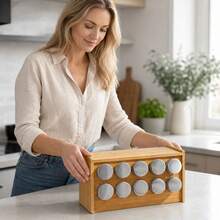 29cm Wood Storage Organizer With 10 Compartments, Round Spice Container For Kitchen Countertop Storage - Redwood - View 1