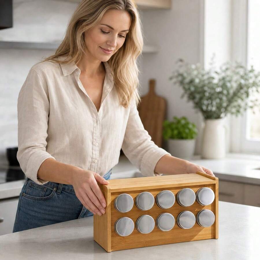 29cm Wood Storage Organizer With 10 Compartments, Round Spice Container For Kitchen Countertop Storage - Redwood - View 1