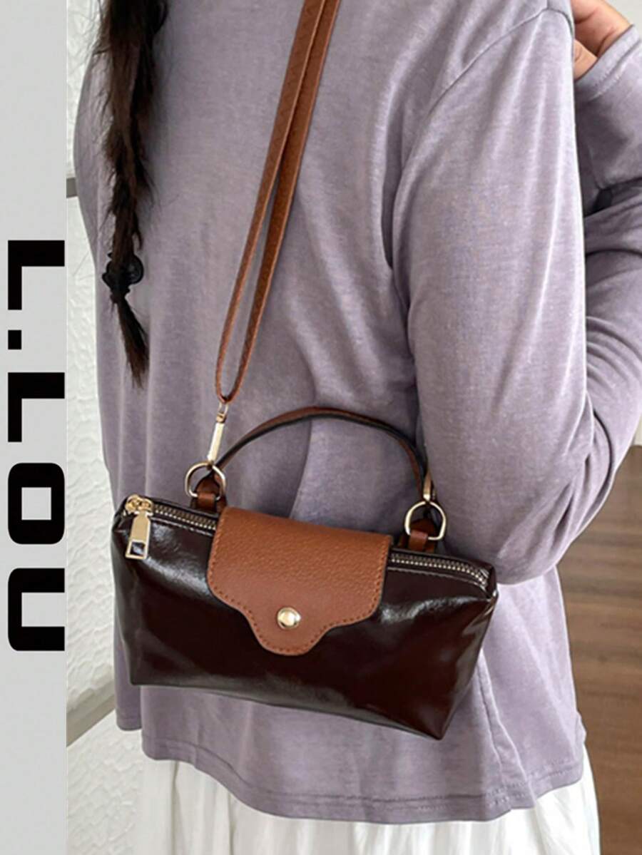 女款復古迷你斜挎包，油蠟皮，簡約磁吸扣餃子包，休閒可愛時尚手提包