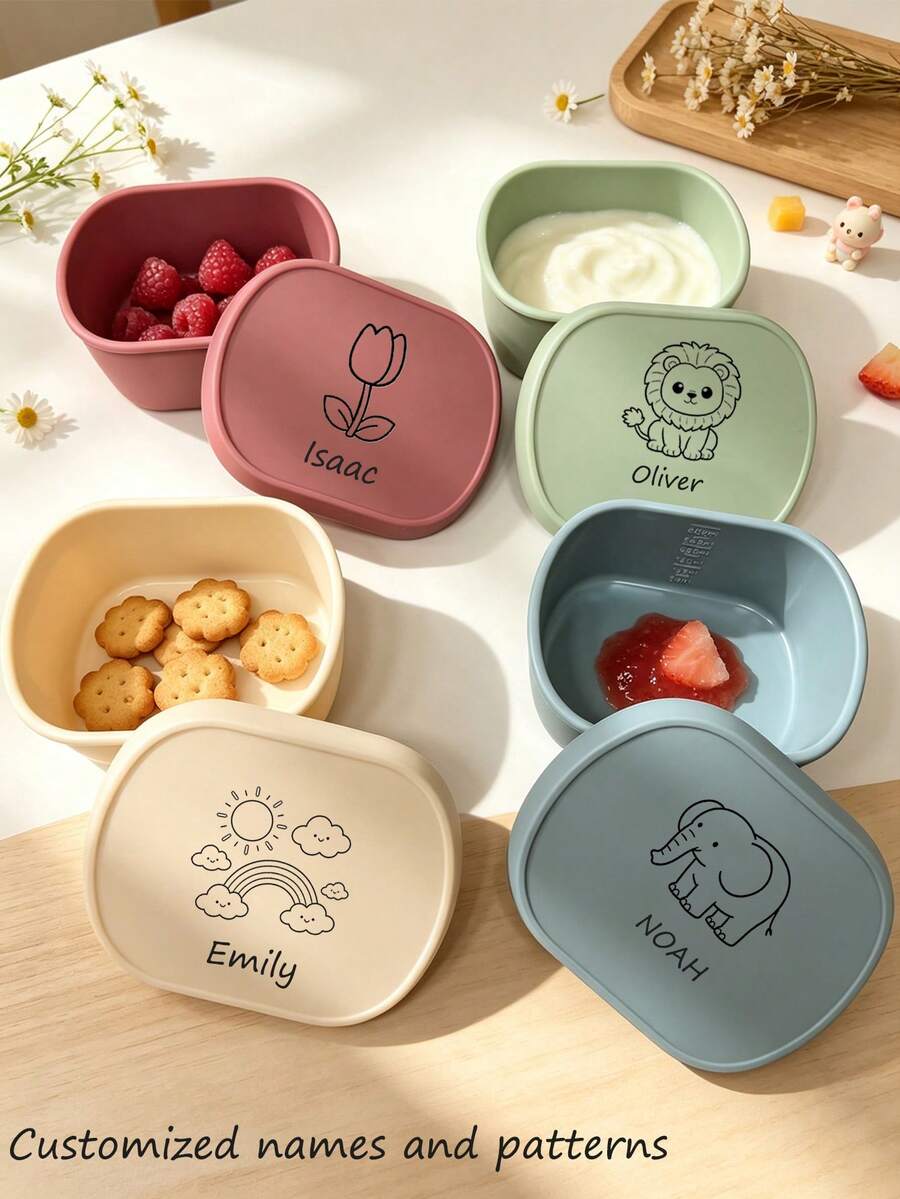 300ml/200ml Silicone Baby Food Container, Mini Lunch Box, Snack Box, Jam Jar, Essential Picnic Utensils, Customizable With Name And Pattern - Multicolor - View 1