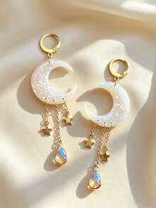 1 par de pendientes colgantes con borlas de luna creciente y estrella, imitación de ópalo, pendientes de gota de agua para mujer, accesorios de joyería boho para boda y fiesta, regalo - pendientes - Ver 5