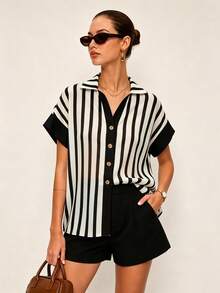 Elegant Commuter Style Striped Contrast Button Design Short Sleeve Blouse For Women, Spring/Summer - Black and White - View 1