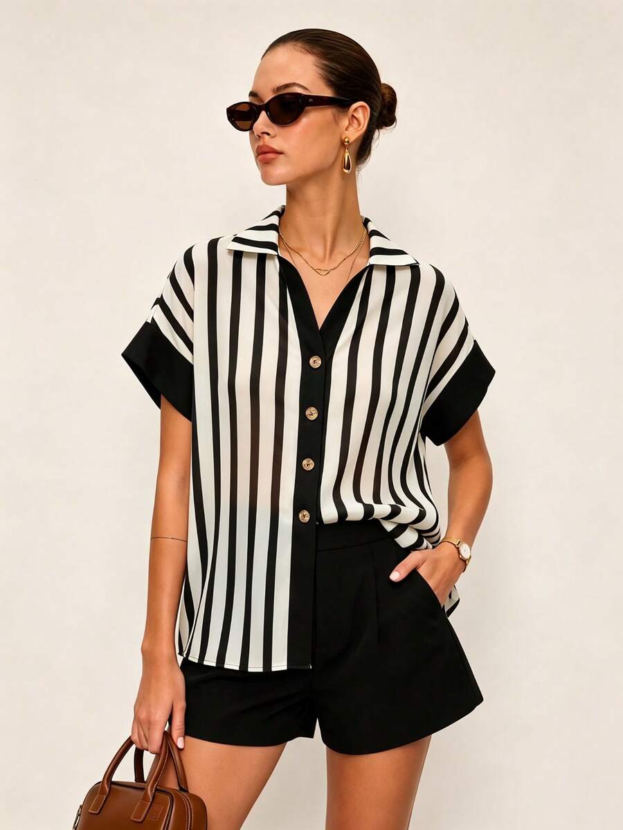 Elegant Commuter Style Striped Contrast Button Design Short Sleeve Blouse For Women, Spring/Summer - Black and White - View 1