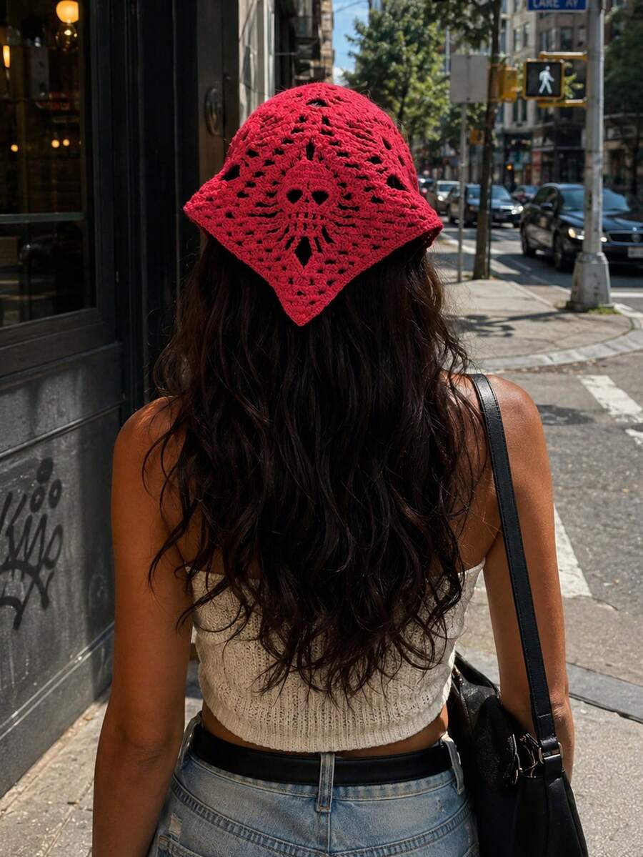 1 pieza Pañuelo de cabeza de punto con calavera y triángulo estilo calle Y2K, hueco y transpirable, con lazo, accesorio de cabello personalizado para mujer, estilo calle, chica hot, subcultura, accesorio para fotos, disfraz de fiesta de Halloween - Multicolor - Ver 1