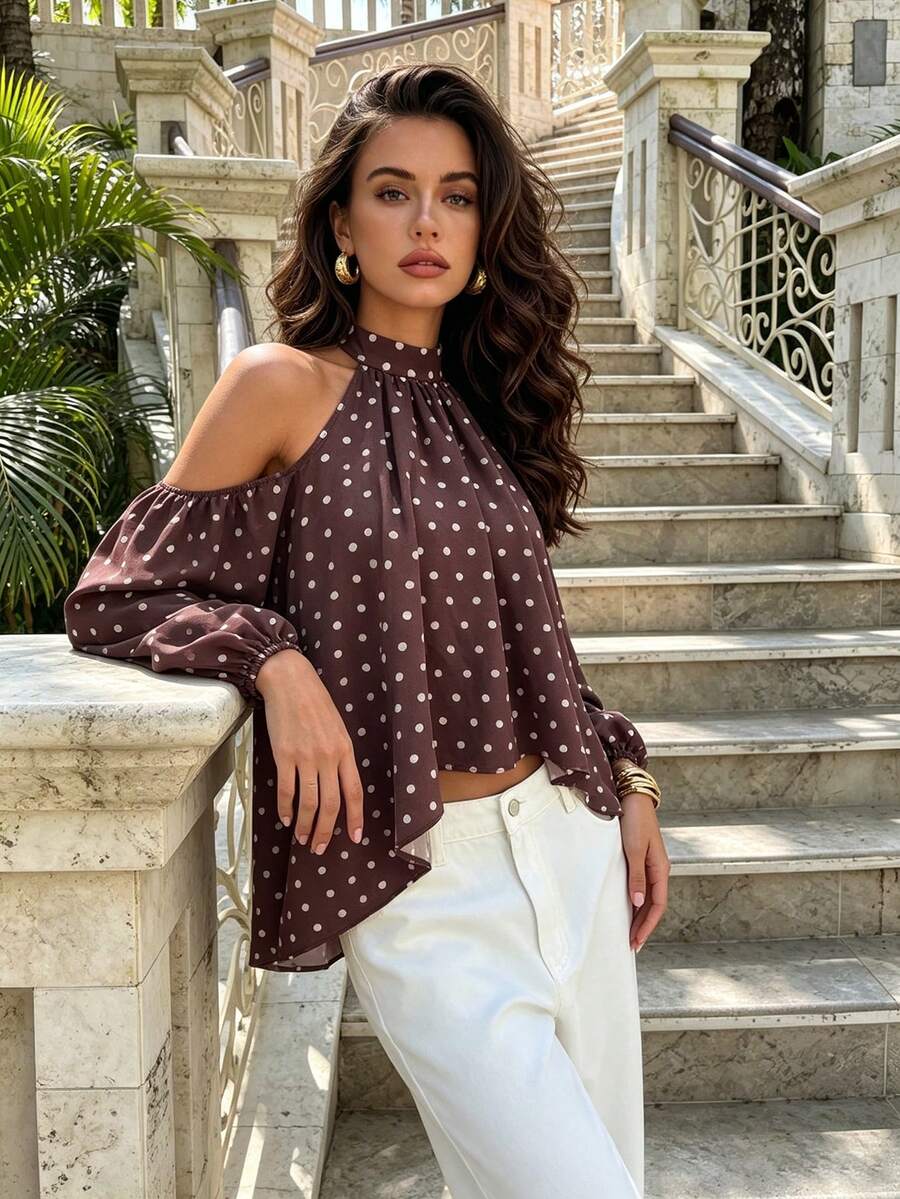 New Vintage French Style Women's Brown With White Polka Dot Halter Neck Cold Shoulder Top, Lazy Puff Sleeve Loose Flattering Polka Dot Blouse, Puff Sleeve Loose Asymmetrical Hem Commute Elegant Shirt For Women