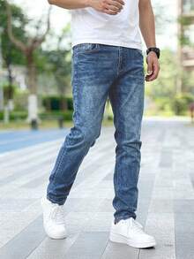 Jeans azules de mezclilla clásicos con estiramiento de grosor medio para hombres - Azul lavado medio - Ver 5