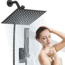 MB Large square black rainfall shower system, powerful spray, dual shower heads, sleek matte black finish, durable metal construction, smooth wall-mounted design, comfortable bathing experience - Negro mate - Ver 1