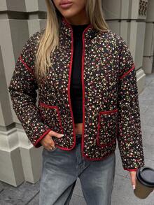 Women's All-Over Print Stand Collar Casual Versatile Daily Wear Winter Padded Coat Vacation - Black - View 4
