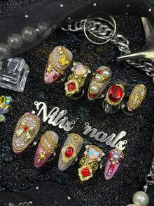 10pcs Handmade Fully Covered Almond Nails Press On Nails, Purple&Gold Colors, Silver Cat Eyes, Fine Glitter,Removable For Party,Dance,Daily Wear, Cosplay,With Jelly Glue And Nail File,Elegant Noble Vintage Gem Nail For Retro Luxury Style Women - Multicolor - View 3