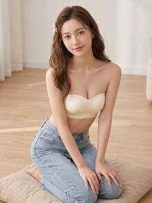 Strapless Minimalist Push-Up Bra, Solid Color Seamless Wire-Free Bra For Women, Sweet Backless Design, Comfortable Lift And Support, Thick Cup Bra Suitable For Small Chests [Flat Chest Special] - Champagne - View 4